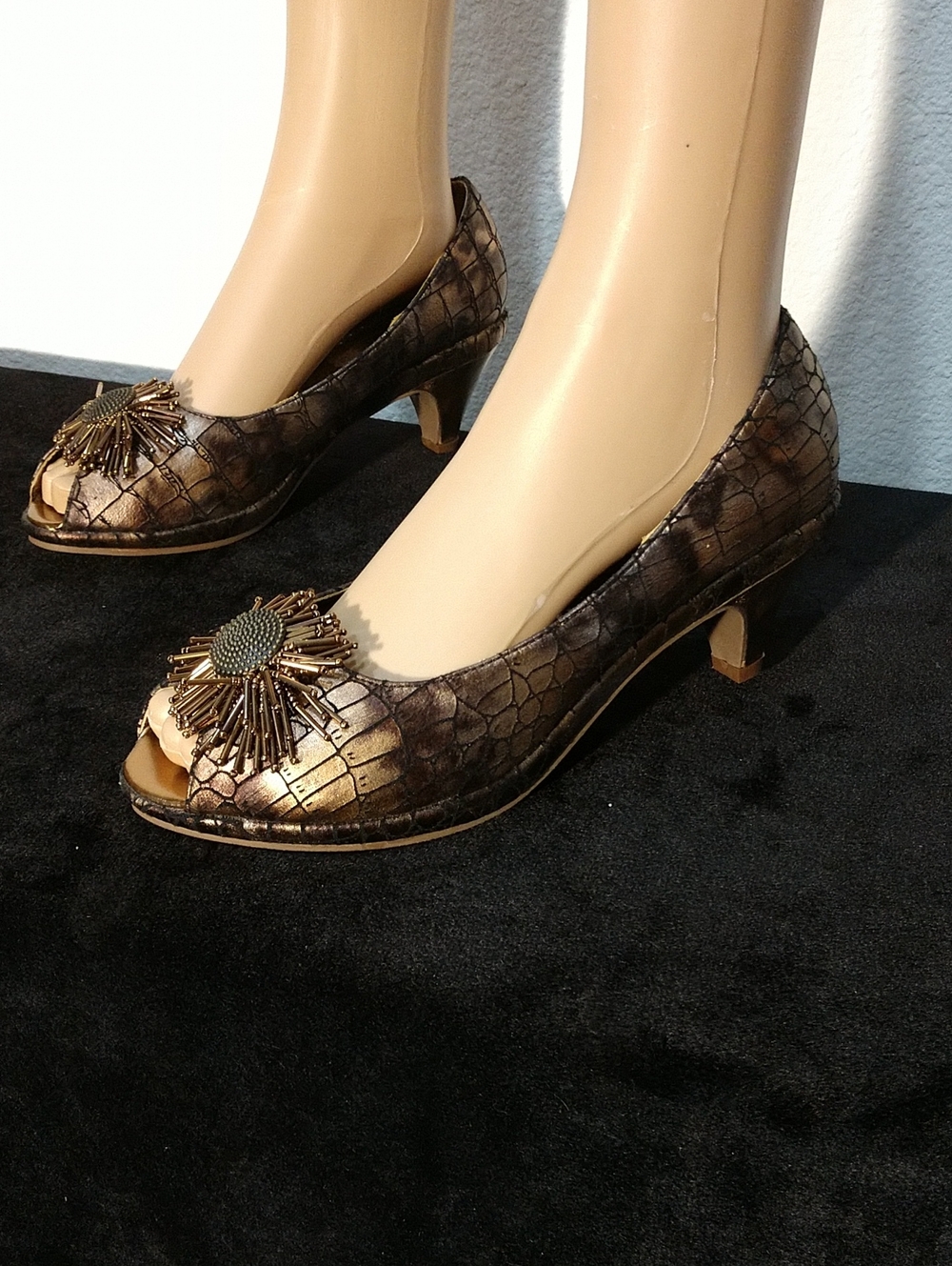 Metallic Bronze Open-Toe Kitten Heel Pumps with Sunburst Accent
